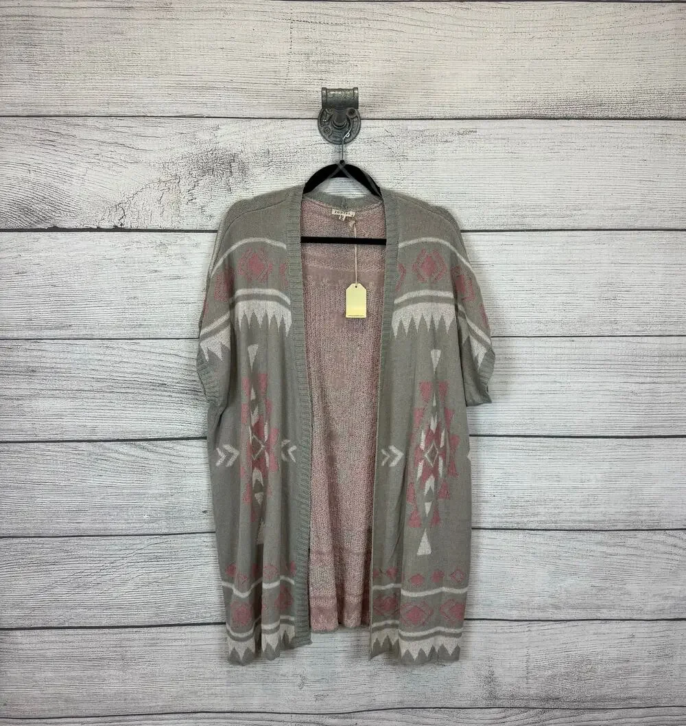 Jodifl Women's Gray Pink Aztec Knit Western Boho Cardigan Size M/L